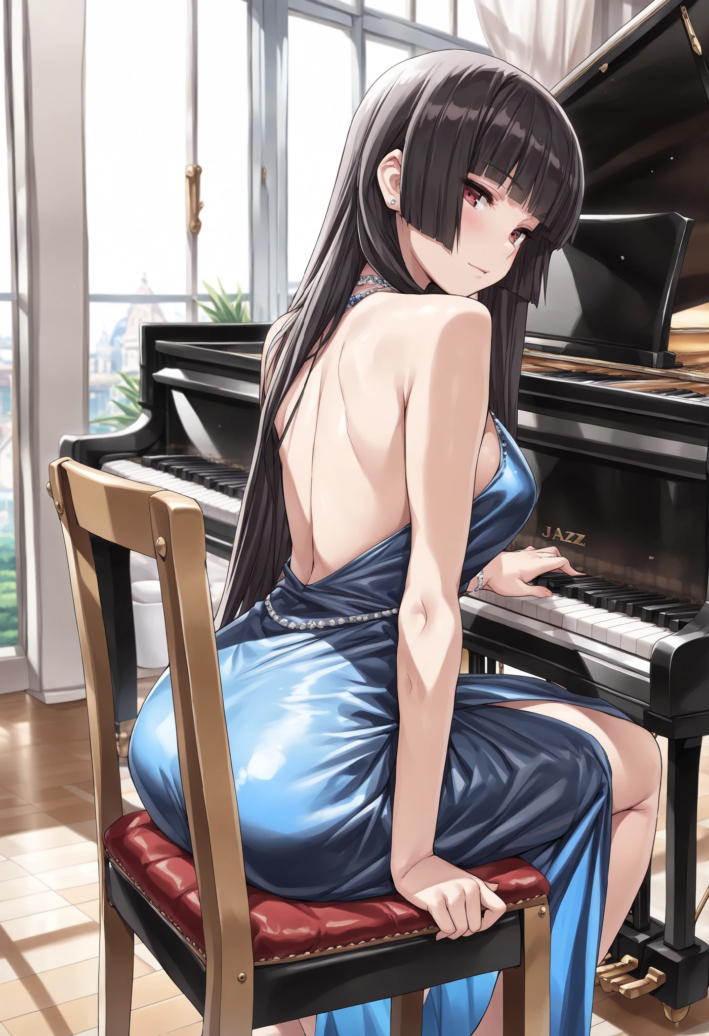 ((best quality)), ((masterpiece)), (detailed), perfect face, ((Best quality, 8k, Masterpiece: 1.3)), Sharp focus A beautiful woman, piano chair, Jazz pianist, black hair, Hime cut, Evening Dress, Grand Piano