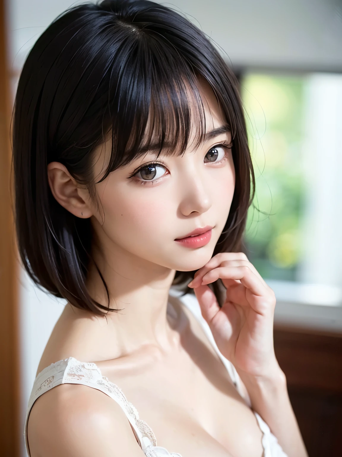 1 girl、highest quality、Realistic、alone、Written boundary depth、Natural soft light、Daytime、charm、Beautiful Face、Cleanliness、Pure Face、White skin、cute、Bob Hair、short hair、bright hazel eyes:1.6、Beautiful Lips、美しいLong neck、Beautiful neckline、bangs、Beach、Light of the sun、Nedium Breast Body Esbian、((黄金比のBeautiful Face、 対称性のあるBeautiful Face、Dutch Angle Shot、elevation))、Long neck、Show me your ears、Stick out your ears。bangsのあるきれいな短いBob Hair、smile with your mouth closed、Perfect hands指、Perfect hands、Perfect body、Perfect Face、Shine a light into your eyes、Perfect Anatomy:1.6、とてもcuteスーパーモデル:1.6、{Huge|big|Hugeな|Mega} chest, chestの谷間、smile:1.6、Very beautiful teeth:1.6