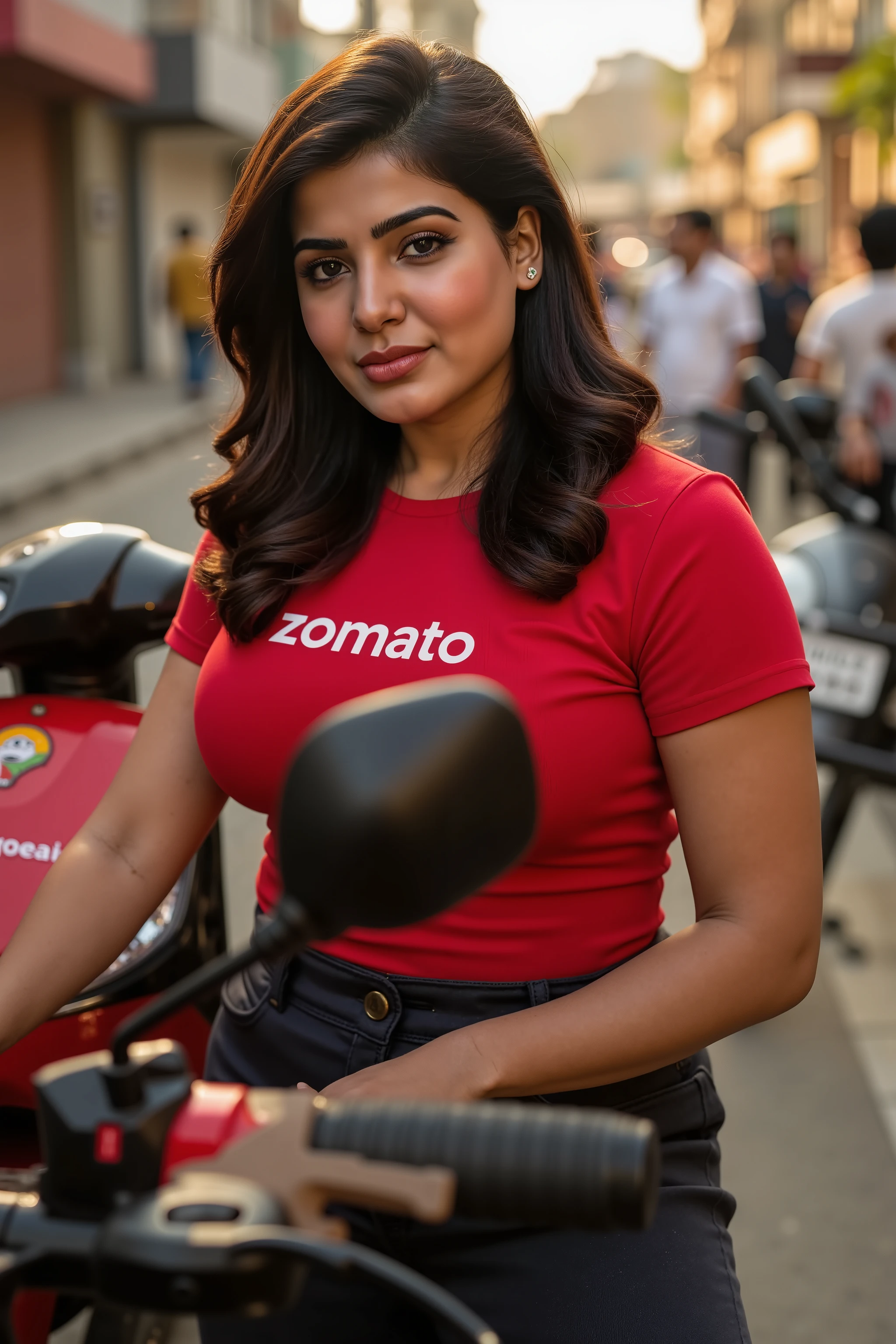 a full view of an indian lady, semi-curvy, a zomato food delivery girl, wearing tight skin fit cloth, detailed portrait, photorealistic, high quality, realistic skin, intricate facial features, expressive eyes, detailed makeup, finely textured clothing, urban indian street background, food delivery scooter, zomato branded uniform, warm lighting, cinematic composition,4k,ultra-detailed,vivid colors,professional photography