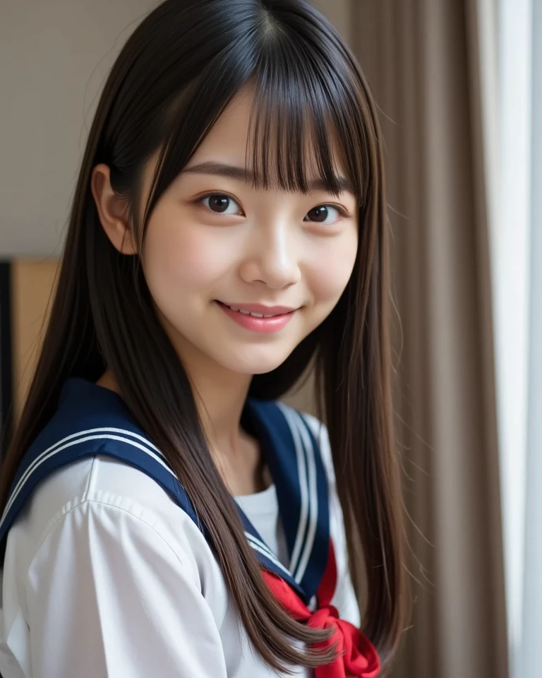 (masterpiece, Highest quality:1.2), 8K, Young and beautiful girl, 85mm,Official AR RAW Photos, Baby Face、Clothes are big、Show me your ears、photo shoot, Cute face, Thighs, Classroom after school, Looking at the audience, Embarrassing、smile、 makeup, Film Grain, chromatic aberration, Sharp focus, Face Light, Bright lighting, 10 generations, Detailed face, Background Blur、((((((18 year old high school girl))))))、Tight waist、Sailor suit、Not wearing a skirt、pubic hair、vagina/Pussy、(((Pink nipples)))、