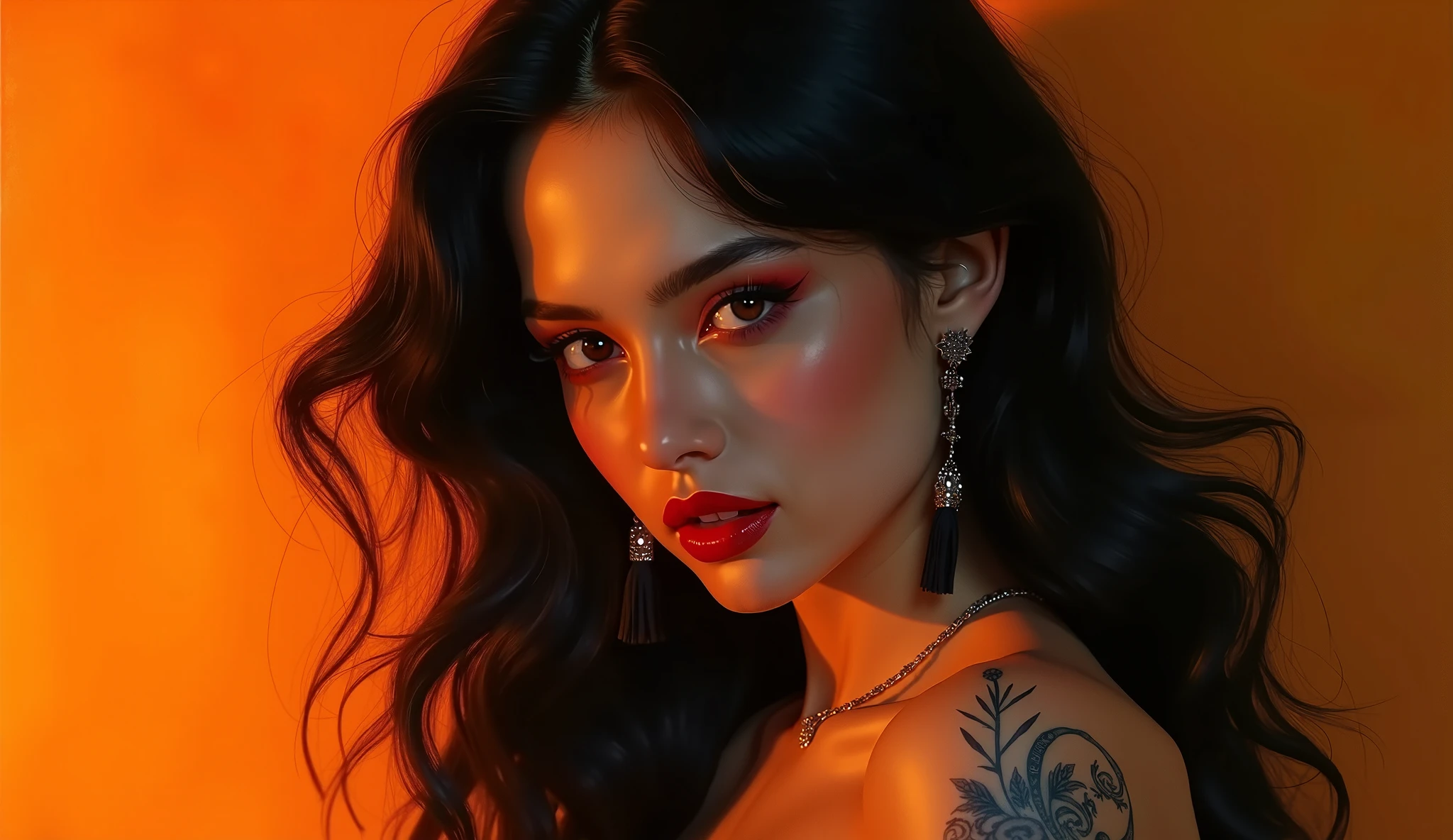 realistic photo, hot woman, skin tanned, long black hair, greeneyes, fleshy lips, big silicone breasts, Waist slender, thick-thighs, red nails, red lipgloss stick, gold hoop earrings, golden necklace, golden bracelet, golden ring, tattoo on arm, back tattoo