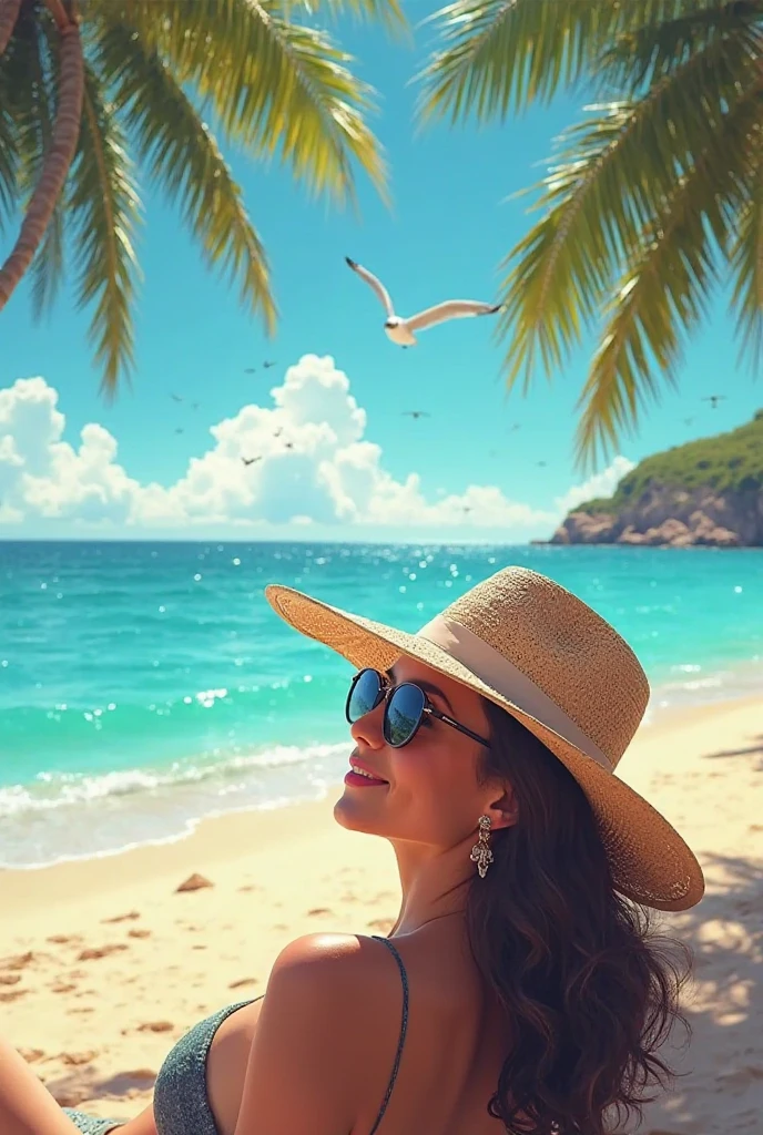A woman at bali enjoying her vacation, she's laying in the sun with glasses on and she's wearing a swim suit, there are tourists around her also enjoying the scenery