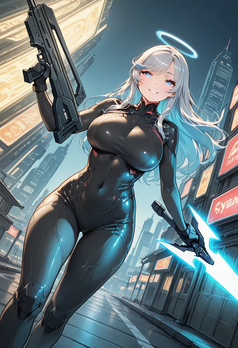 (8k, RAW photo, best quality, masterpiece: 1.45), Beautiful delicate face, young girl, white hair, ((kpop idol )), transparent bodysuit, spread, sensual, hot, sheerblack(high leg cut leotard), pale skin, {{messy short}}, (huge :1.05), bangs, attractive curves, small pelvis, ((standing)), streets, glowing skin, cyberpunk colors, neon, techsuit, mecha, holding a light saber, evil eyes, (((puffyni, puffy areol), pub, ((spread legs), camel to, hard shape, ed:1.25), (upper body:1.15), (sfw:1.45)