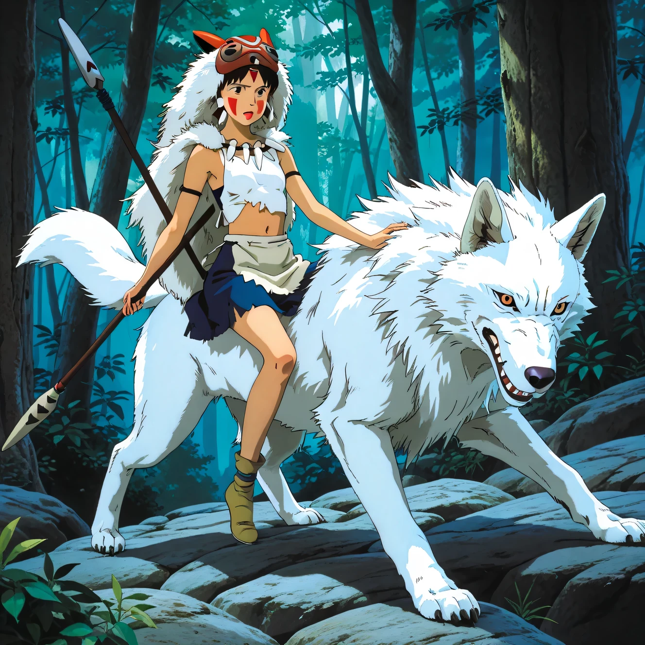 (Masterpiece), best quality, 8k wallpaper, Super detailed, beautiful,, highest quality, 1girl, dark short hair with bangs, small breasts, flat chest, beautiful face, with face paint, (XIV-years-old), wearing a thin white skirt, a white crop top, (torn clothes), and wolf mask on her head (princess mononoke style), sitting on the back of a giant white wolf riding through a mountain forest, holding a spear in her hand, studio ghibli style,, princess mononoke, short stature, perfect proportions, show full body,