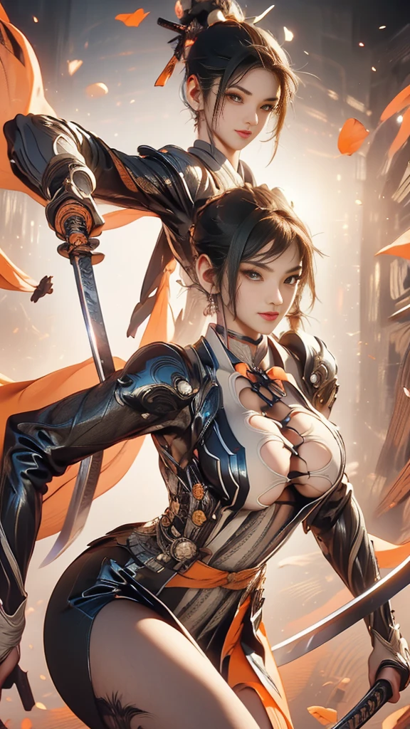 whole body,whole body展示,whole body像,(high quality), (masterpiece), (detailed), 8K, Surreal elastic futuristic depiction (1 Girl 1.2), high ponytail,Kanji wearing complex armor. Meticulous details reflect the fusion of tradition and innovation, Create visually stunning and powerful work. Popular topics on ArtStation,upper body shot,character-centered,from below,(((plump figure))),