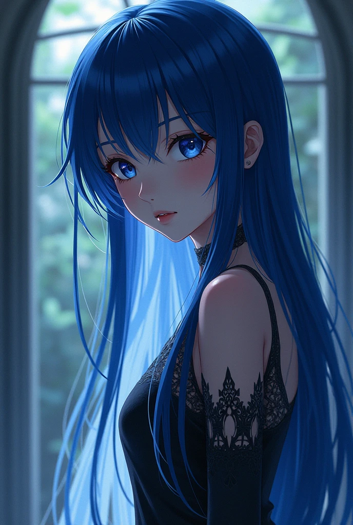 Dark blue hair, dark blue eyes , light black and blue crop shirt skirt anime girl