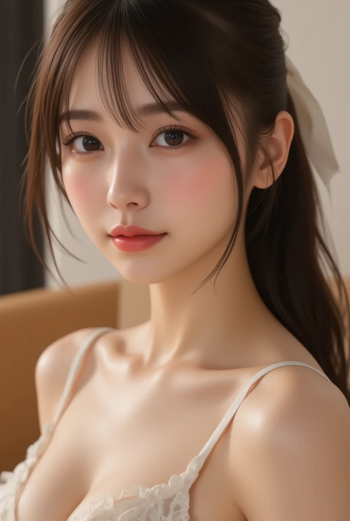 Highest quality, (beautiful)、lingerie、Large breasts、Brown Hair、Looking into the camera、、Face down、close、Put your hand on your cheek