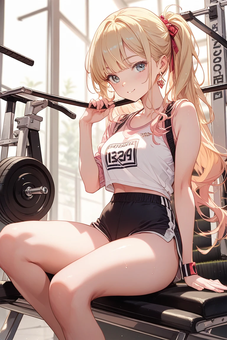 , tall detailed, 8k, blonde hair, 1girl, bubble ass, short top, patterned gym shorts, choker, petite, thigh tattoo,
