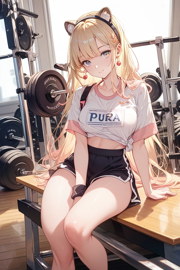 masterpiece, best quality, MrFV4, 1girl, solo, indoors, upper body, sitting, gym, ((gym uniform)), ((hoodie)), looking at viewer, blush, wariza, shoes, <lora:MrFV4-10:1>