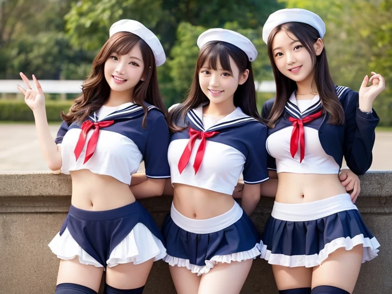 tokyo disney resort dancer,open thighs,(shoot from below),(white pleated skirt),((light blue and white horizontal striped panties)),
(blue short sleeve sailor uniform),(red ribbon on the chest),Sailor cap,White Button,Blue sky,makeup,