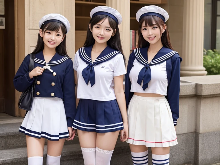 4K, Blonde, Sailor suit,Pleated skirt, show off breasts, skirt lift, show off panties, 3 people,