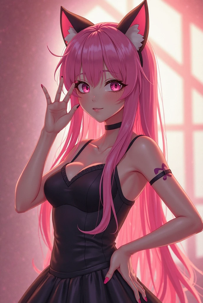 1girl, pink hair, long hair, hd quality, 4k, 8k,,eyes, face, , evil, dark, face closeup, face, evil smirk, fangs,in a cute bedroom on the bed,und, face close up. dominant, dark, sideways, sideview, villain, hair clip,black horns, large breasts, twin tails, evilgrin, huge breasts, cardigan