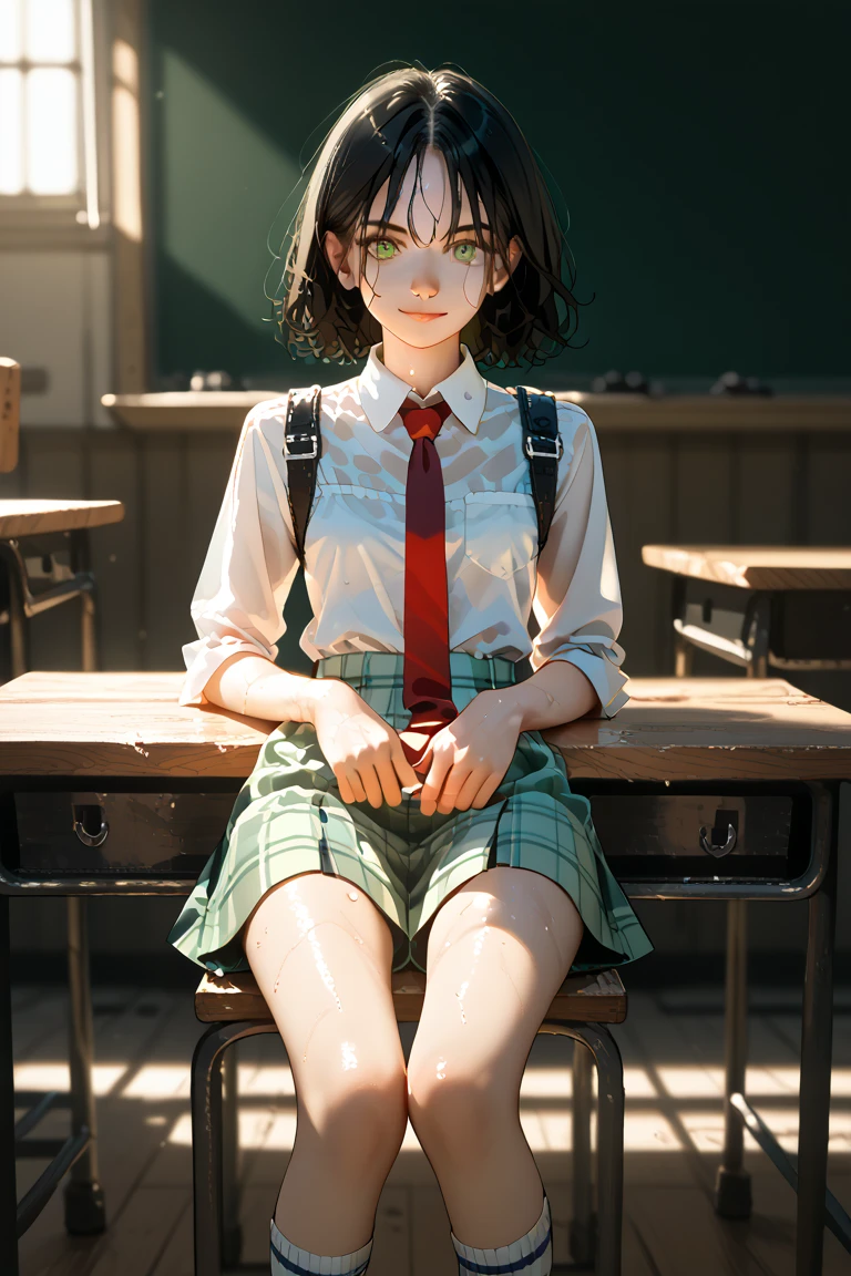 Shinkai Makoto style, Miyazaki style, interior scene, cool color, sunlight penetration, two-dimensional scene, floor, table, chair, silhouettes of people, school cafeteria, girl with long curly brown hair and green eyes sitting at a table, NEXT to a girl with short black hair, beautiful skin, perfect face, UHD, 8k