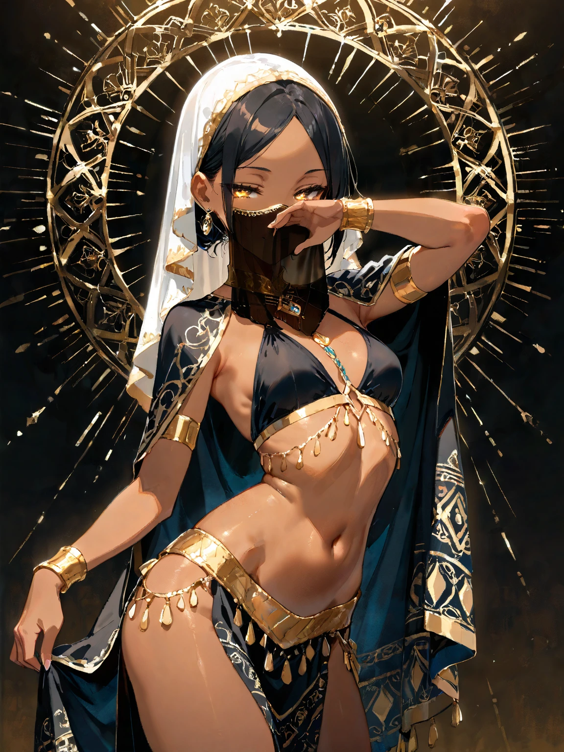 (1 boy solo:1.4),(flat chest:1.5),(dark skin:1.7), (masterpiece:1.2), highest quality, High resolution, unity 8k wallpaper, (fine and beautiful eyes:1.6), highly detailed face, perfect lighting, Detailed CG, (perfect hands, perfect anatomy), 20 years old, (black hair:1.3), (evil smile:1.4), detailed eyes, best quality, extremely detailed, very precise detailed, (glasses:1.6), (blunt bangs:1.3), (open mouth:1.3), (very short pixie cut:1.2), (Sandals:1.2), smile, (half closed eyes:1.3) ,long sidelocks, (shiny skin:1.4), (blush:1.4),(leaning back),navel,(kneeling:1.3),(Put left knee in front:1.5), (spread legs),(arms behind head), (see-through veil:1.3),(Criss Cross Halter bikini:1.2),(arabian clothes:1.5),(see-through harem pants:1.7),
