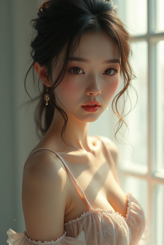 An elegantly dressed Japanese woman in natural light、A close-up of her chest and calm expression.、It shows her inner peace and outer charm.。
She is a married woman、Exposing large breasts。