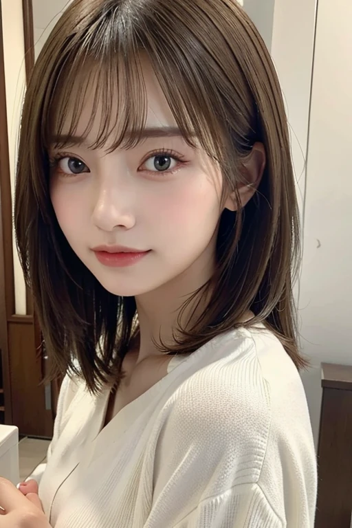 Highest quality, shape, Very detailed, In detail, High resolution, 8k wallpaper, Perfect dynamic composition, Beautiful details, Tight Dress, Medium Hair,Brown Hair Color ,Big Breasts, Beautiful face down to the last detail、透明感のあるWhite skin、White skin、A shy smile、Rose Color Lip, Random sexy poses,