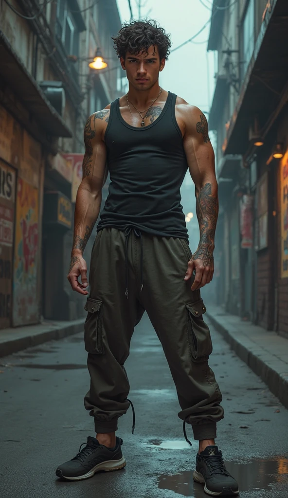 Young barefoot muscular rusty himbo 1 boy with hot libido, street fighter. Trains on an abandoned outdoor sports ground. Sweaty athletic trained body with steam coming from it. Brown eyes, very short brown sweaty hair. Unbuttoned black blue ripped sleeveless sports jacket, black worn sweaty sweatpants. A pose showing sweaty bare feet and heels. full height
