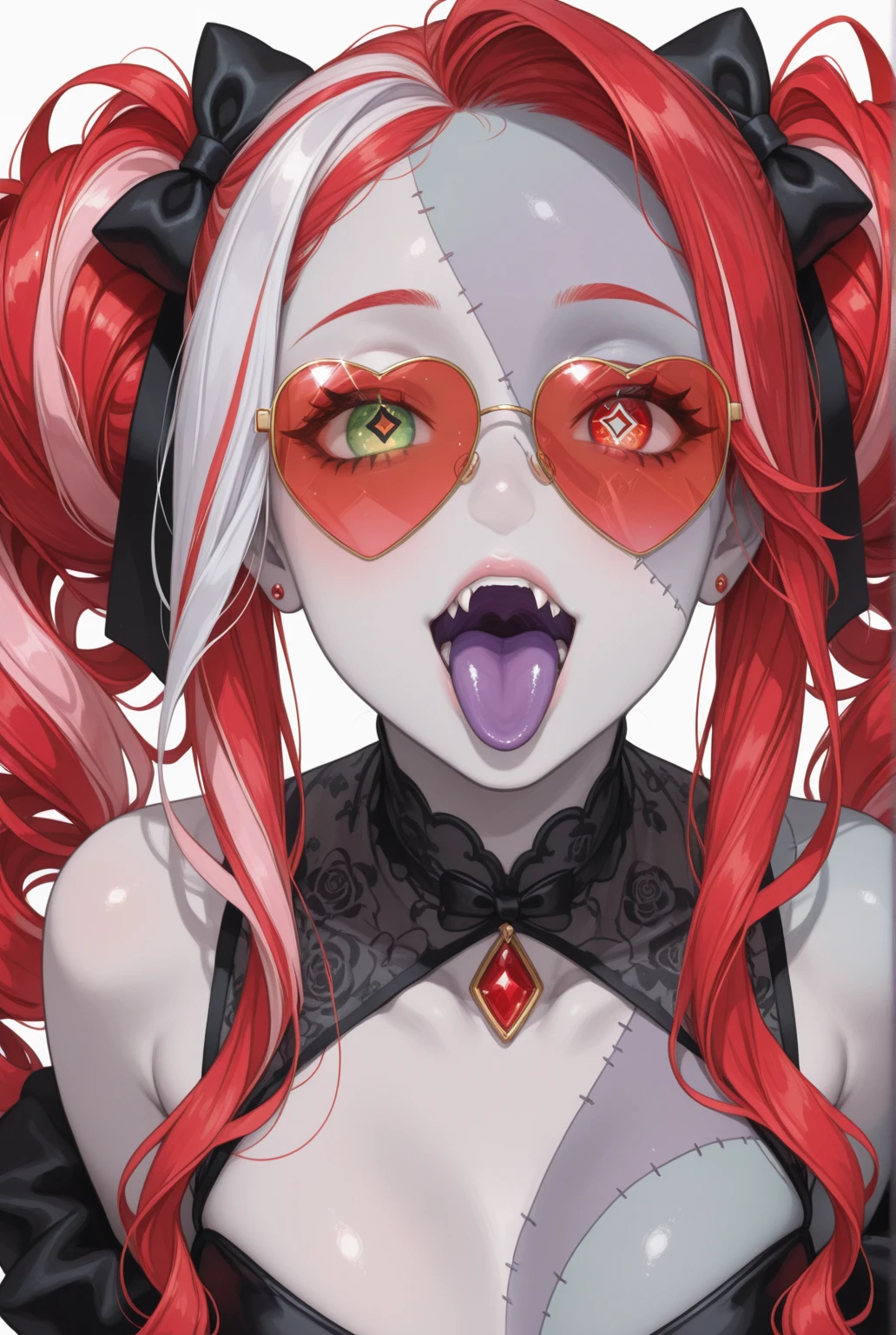 Girl sticking out her tongue, normal tongue, with an intense red color, white teeth, a profiled nose.