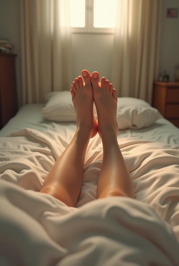 masterpiece, best quality, (photorealistic:1.4), bed, full body shot, soles , lying unconscious, nude,