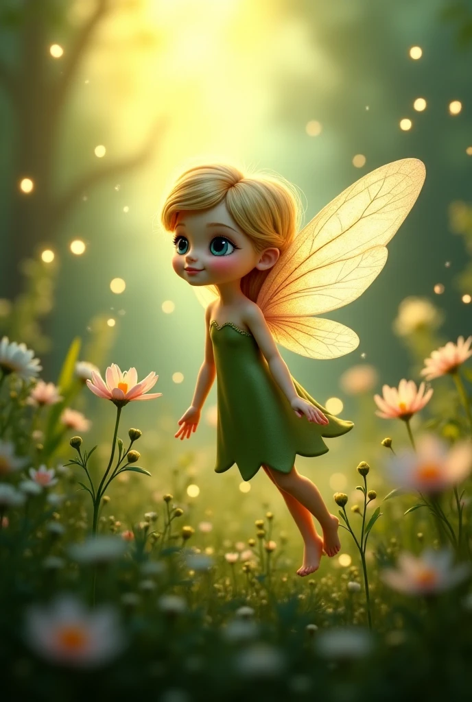 A tiny fairy with iridescent wings, hovering above a flower, talking to a surprised . The garden is filled with sparkling dust and magical light.. I am animated characters