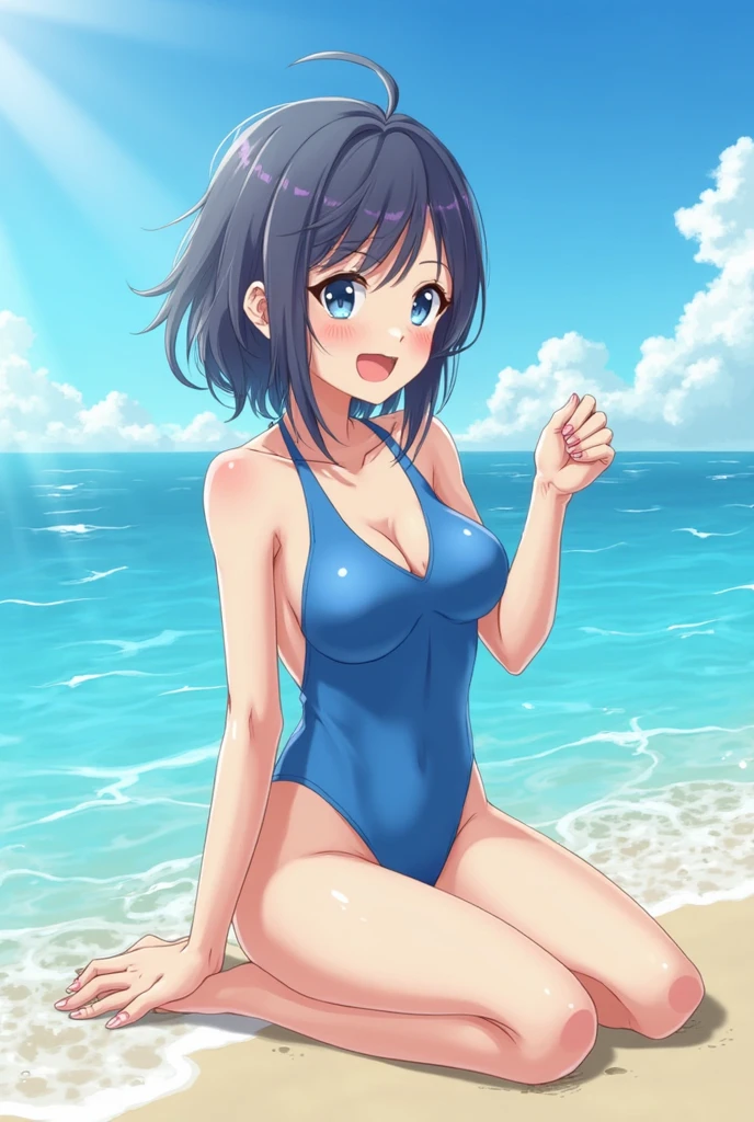 masterpiece, High resolution, Highest quality, Very detailed, Beach, ((masterpiece)),((Ayako Katagiri)),((Katagiri Ayako)),((Mischievous Smile)),Anatomically perfect fingers,Bikini Swimwear