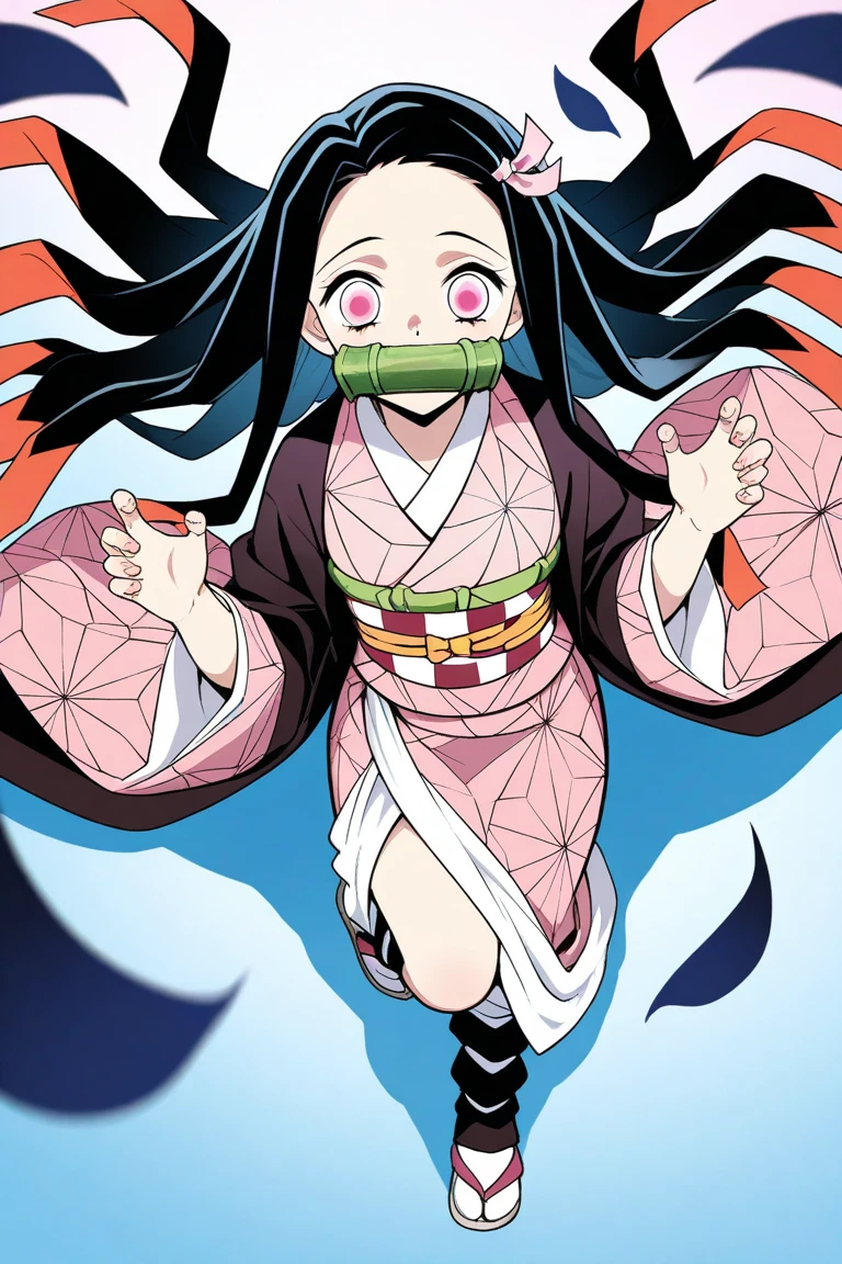 score_9,score_8_up,score_7_up,score_6_up,score_5_up,score_4_up, kamado_nezuko, kimetsu_no_yaiba, 1girl, black_hair, pink_eyes, showing sandals, sweaty sandals, very sweaty, focus on sandals