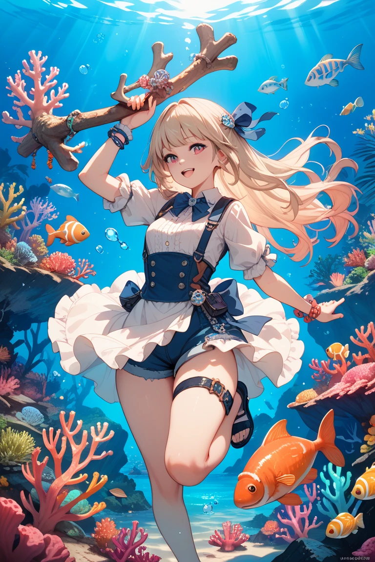 score_9, score_8_up, score_7_up, score_6_up, score_5_up, score_4_up, source_anime,source_furry,rating_safe,rating_questionable,masterpiece, best quality, perfect anatomy , very aesthetic , absurdres,solo, beautiful 1girl\(blonde hair, big eyes,cosmic eyes, fishnet tights, rabbit ears, black leather bunny suit\(reflecting light\), sitting on a small wooden boat, boring face, sweat, perky breast,full body\), the boat is equipped with a 1fishing rod, not a single fish is caught, the sea is extremely beautiful, crystal clear and the water is transparent,so many fishes you can find under the sea,sun shining, beautiful sky, sunlight pouring,from below,dynamic angle,cute pose