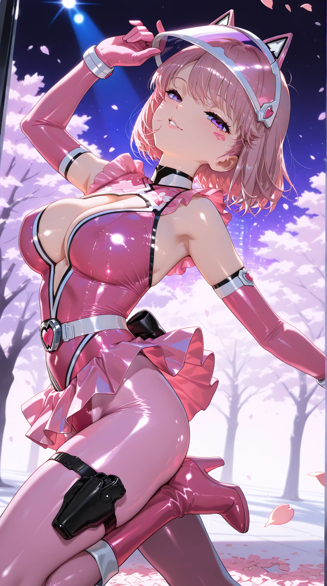 (High waist skirt, sexy dress), (solo), lycoris recoil, (1 cute girl), sexy, 25 years old, drooping eyes, (masterpiece:1.2), (best quality:1.2), (very aesthetic:1.2), (absurdres:1.2), (detailed background),newest, (((Pink hair, short hair, bob cut, black eyes))), (visible nipples:0.7), (camel toe:0.3), Cute face, medium_breasts, ((Thin thighs)),Bright park, dynamic poses, Metallic Outfit,