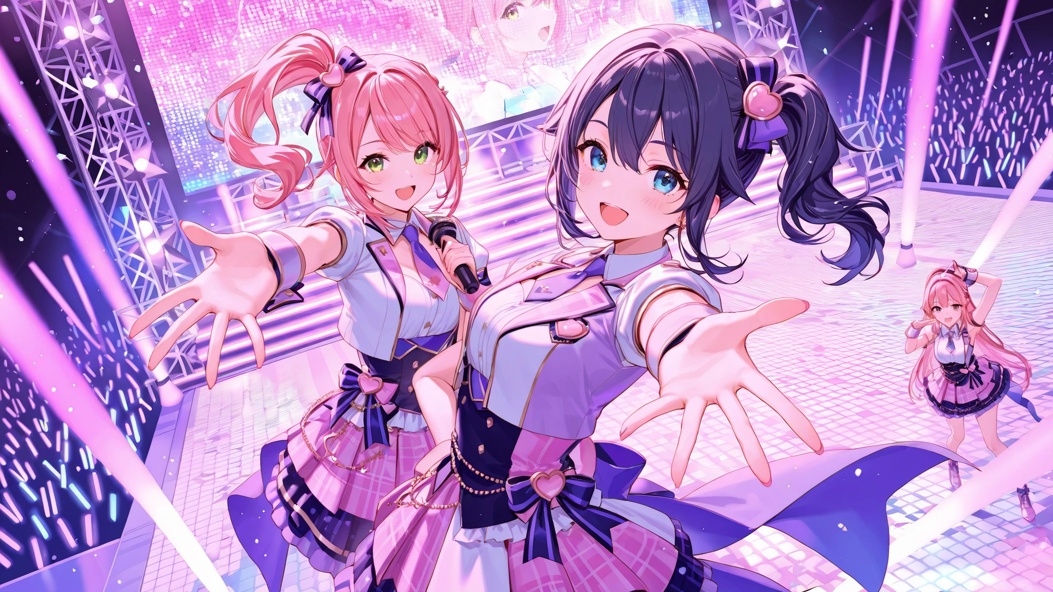 8K,masterpiece、Divine Picture、dynamic drawing、animesque、Perfect human hands、Super detailed human fingers、dynamic ungle、The upper part of the body、女の子1人、ssmile、wolf ear、Wolf tail、Pink eyes、hairs between eyes、(((winc)))、D-cups、cleavage of the breast、striated hair、((((Variety of hair colors:1))))、Variety of hairstyles:1、Twin-tailed、Ultra-detailed gradient hair、Idol costumes、Professional Designer、frilly dress、lovelive、Pedras preciosas、Backstage、The best stage、climax、Professional stage、(((Hold the microphone with your left hand and sing emotionally、Overflowing emotions、The best smile)))、singer、vocalist:1、idol、songstress、Professional stage、profetional lighting、Live Lighting、Distract your gaze、Fan Service:1、(((Satellite view from the audience)))、(((Panchira、Cute panties)))