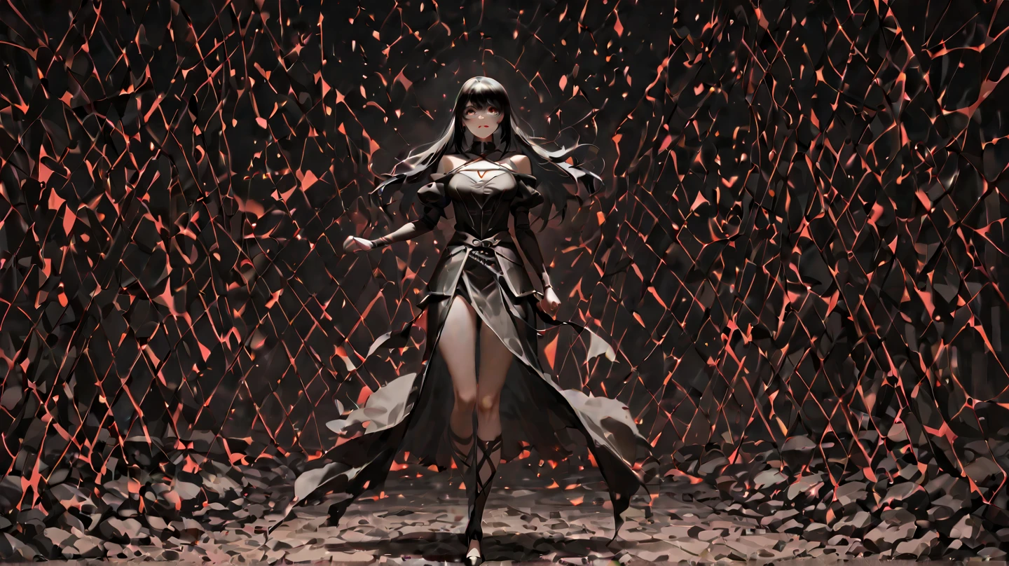 phong shading, ray tracing, hdr, masterpiece, best quality, absurdres, (insanely detailed 1girl beautiful anime:1.4), desert, moon background, (starry sky:1.3), (insanely detailed black dress:1.3), epic shadow, red glowing eyes,