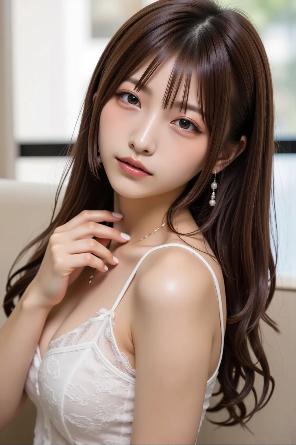 ((Kumiko Goto:1.4))Beautiful detailed face、Pale skin、Realistic glowing skin、Detailed cloth texture、Detailed hair texture、Perfect body、Beautiful Face、correct、Anatomically correct、 Highly detailed face and skin texture、Natural neck length、(Beautiful Hands)、(Fair skin:1.2)、Thin legs、Thin legs、 break 細かい目元、Symmetrical eyes、Light brown eyes、double eyelid、Thin eyebrows、(Glossy Lips:1.4)、((Gentle smile:1.2))、(blush:1.1)、 break (Elegant and cute girl:1.3)、Medium-sized large breasts、(Slim body type:1.1)、Toned Abs、Beautiful clavicle、 (Dark Blonde、Wavy Hair、Long Hair:1.2)、 ((Asymmetrical bangs:1.2))、((In a stylish office at night:1.4))、(Cowboy Shot:1.2)、Flowing white dress decorated with intricate silver embroidery_long sleeve_Thin