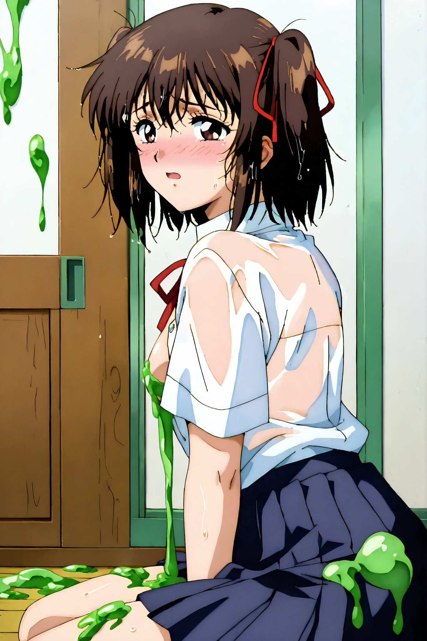 kayo,dark brown eyes,dark brown hair,two side hair,shoulder-length short hair,hair tied thin red ribbons,school uniform,melted open white collared shirt,short red necktieribbon,melted navy blue short pleated skirt,whole body,full length,masterpiece,best quality,amazing quality,score_9, score_8_up, score_7_up, source_anime,retro art style,watery eyes,adult,18 years old,whole body,embarrassed,orgasm,ecstasy,blush,wet hair,wet body,blush,green slime,large melted green substance slime spread across body, entire body is covered in large melted green substance slime,lots of melted green substance slime on clothes,open clothes,from side,back view