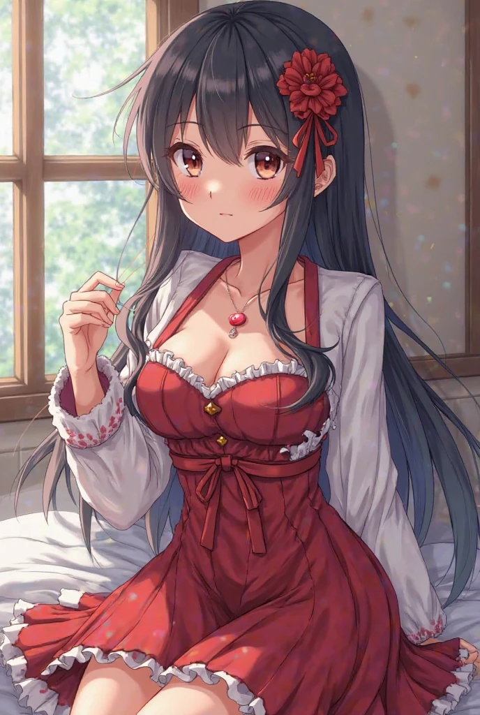 perfect anatomy, masterpiece:1.2, best quality, 8k, beautiful detailed grow, daydreaming expression, (Lying in bed), (solo straight black hair long hair femdom cute girl, 17 yo, lovely red eyes, sexy smile, bigboobs), in a red pajamas dress, in the sweet bedroom.