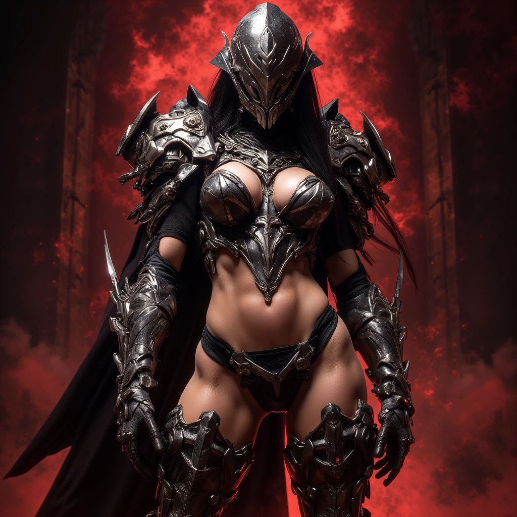 ((((Jennifer Connelly)))) as, Voluptuous, Busty White-Haired Female Dark Knight in ((((Black Full Metal)) Heavy Bikini Armor)), Red Eyes, (Thigh high Full Metal Armored Boots). (((Full Body View))), Long hair, Messy bun, (Red Cloak), (((Red Pleated Skirt))), detailed, perfect makeup, beautiful lips, large hoop earrings, (METAL bikini armor), No Helmet, (No Spikes), (Tall girl, Long legs), (Solo, 1girl), (Masterpiece, Detailed, 4k), perfect face, perfect lips, perfect makeup, dark eyeshadow, Unreal Engine 5, (Full Body Portrait), absurd resolution, high resolution, sharp image, vibrant colors