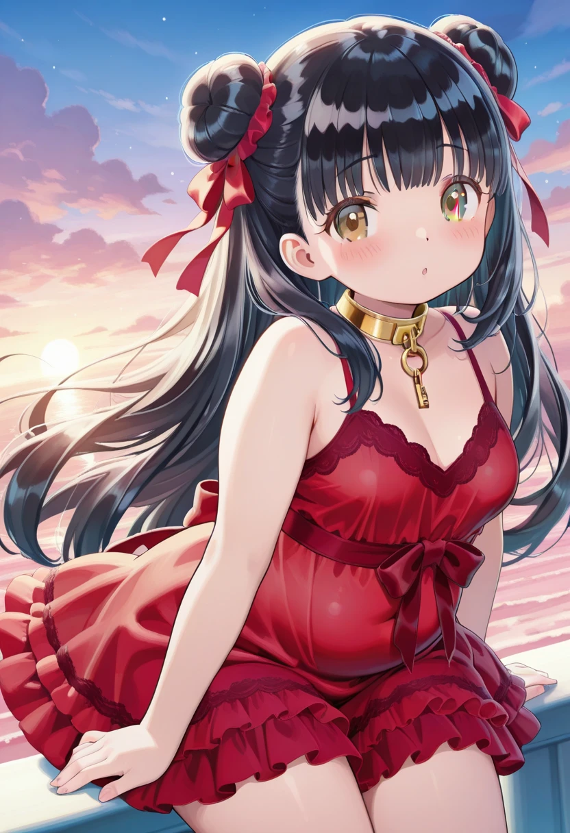 chain,clothes_writing,collar,earth_(ornament),earth_(planet),floating,gold_chain,long_hair,moon_(ornament),multicolored_clothes,multicolored_skirt,off-shoulder_shirt,off_shoulder,plaid,plaid_skirt,planet,polos_crown,red_eyes,red_hair,shirt,skirt,smile,solo,style_parody,t-shirt,transparent_background,hecatia_lapislazuli