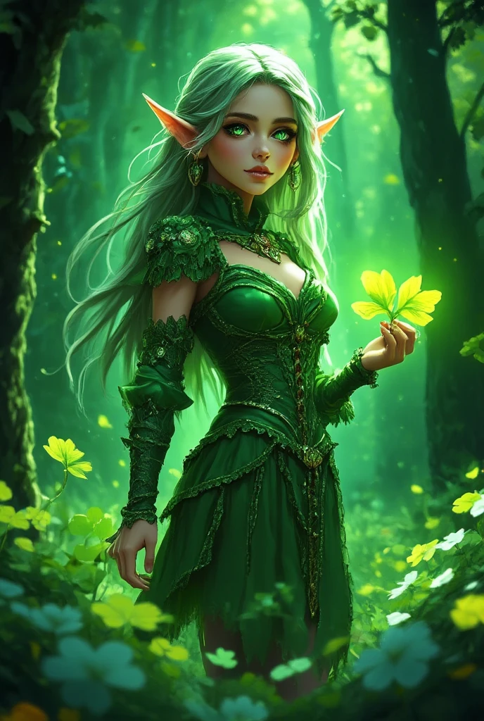 a beautiful elf girl, extremely detailed eyes and face, long eyelashes, delicate features, flowing green hair, pointed ears, wearing a green nature-inspired dress, standing in a magical forest with glowing mushrooms and fireflies, sunlight filtering through the trees, vibrant colors, fantasy, digital art, cinematic lighting, photorealistic
