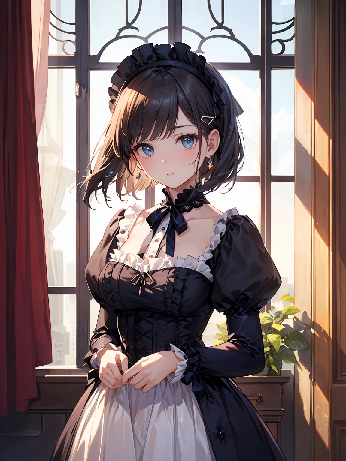 (highest quality、16K、masterpiece、ultra high resolution、Victorian era、Photoreal:1.2)、cowboy shot、One length bob cut braided hair clip with front drop、big ribbon、brand uniform cute、clear、 Tsundere、heroine attributes、artistic shadow