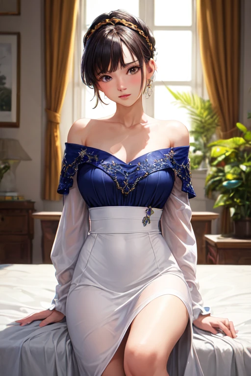 High-quality masterpiece, solo scene, woman, couch, soft natural light, window side, seductive gaze, cute-thoughtful expression, delicate eyes, neat face, skillfully touching clothes, thigh-highs, skirt, Angle: Appreciating beauty, natural light illumination, intimate atmosphere, 4k resolution, sharp focus, detailed textures, vivid colors, realistic shading, captivating, stylish.

Woman, sitting on a plush couch, bathed in soft, gentle light, which streams through the window behind her. She leans against the window frame, her lean silhouette illuminated by the sun's warm rays. Seductively,