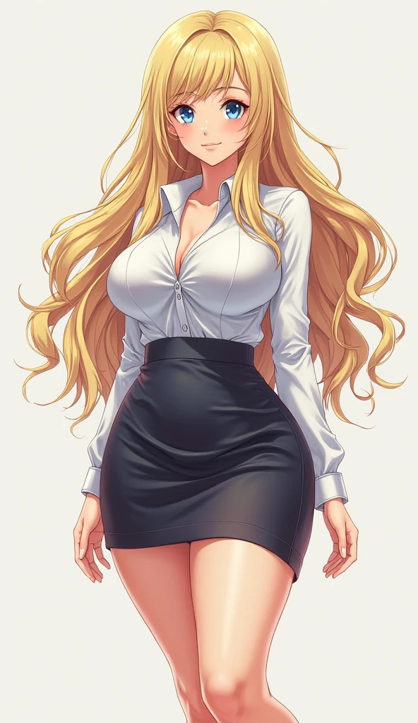 A photo of a busty blond haired girl, (wearing a white transparent shirt and red miniskirt), sexy, glasses, secretary, hot, sexy pose, 18 years old, lascivious look