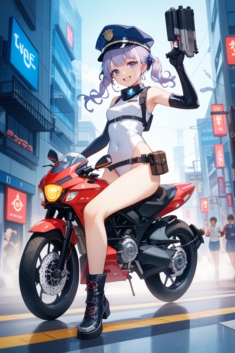 (meilleure qualité, chef-d’œuvre), 1girl, on a motorcycle, cyberpunk, néon, fog, (dessin animé:1.5), sexy, string, big breast, tight, petite, small, neon signs, ramen shop, crop top, fish net, really low waist, transparent, very long hair