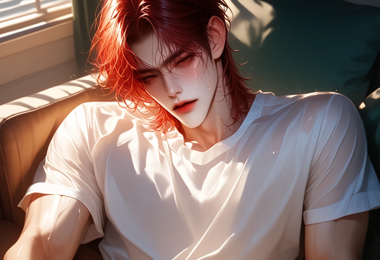 Chinese Realistic Illustration Handsome Man Handsome Realism BL Aesthetics Kpopbeauty Beautiful Wearing White Shirt Lying In Lotus Lake Water Sexy Red Hair Right Hand Is Over Head Blocking Sunlight High Quality Realism Seductive Digital Illustration