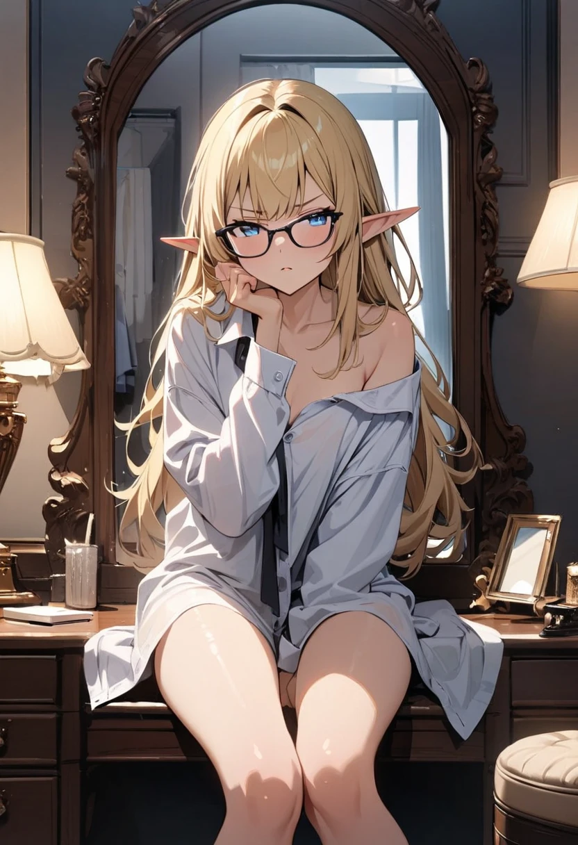 (masterpiece, best quality,1.3),extremely detailed,1girl,(frieren),pointy ears,elf,round face,green eyes,navel,small breasts,sweat,white hair,twintails,parted bangs,smile,solo,(reading magic book),white tank top,frayed denim shorts,sleeveless,barefoot,spread legs,glasses,library,looking book,blush,best quality,amazing quality,very aesthetic,absurdres,