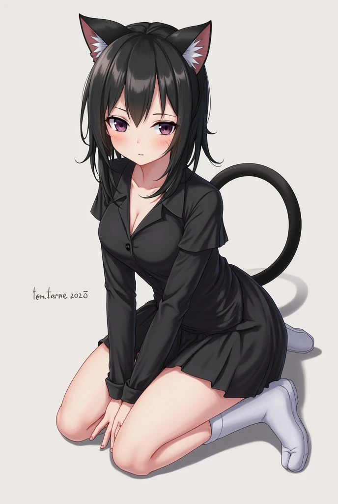 Cute girl, dark green hair, yellow eyes, short hair, cat ears, cat tail, cat collar, sexy ,beautiful eyes,Cute pause, full body,Draw hands better, dark green hair, beautiful smile,, draw the hand well, Lifting her ass, Tongue outside the mouth, bad girl,going to school,school, School clothes, Skirt + hoodie, High quality drawing, She crawls on the ground like a cat and puts her hand near her mouth. There is nothing in the background, an empty background,walk like a cat,