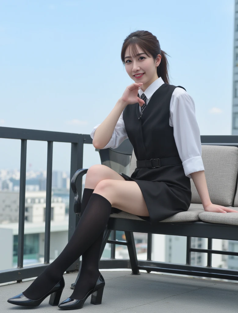 Ulzzang-6500-v1.1, (RAW Photos:1.2), (Photorealistic), (Genuine:1.4), 1girl、Perfect Anatomy、Sit on the stairs、Full body photo、Looking at the camera、Black tights、pumps、Knee-length skirt、Black Hair、smile、Checked vest vest、、