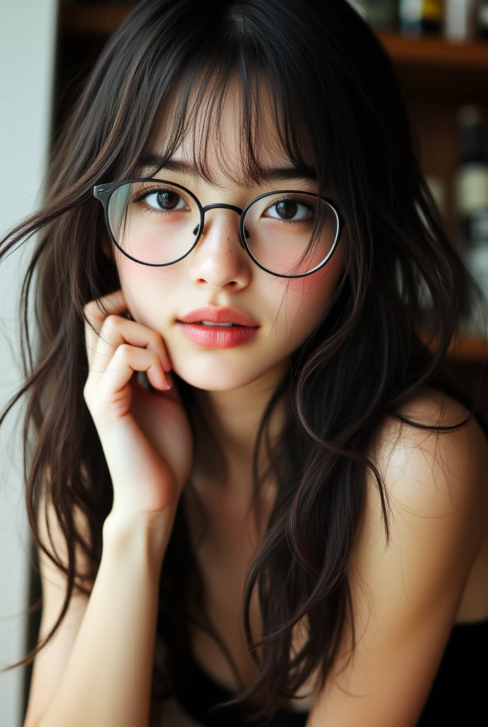 ((best quality)), ((傑best quality、great performance、High sensitivity、high resolution、Detailed Description、Portrait of a Fragile Face))Skinny woman、 glasses、Happy Smiling、 shorts 、With your chin in your hands、 at the bar counter、