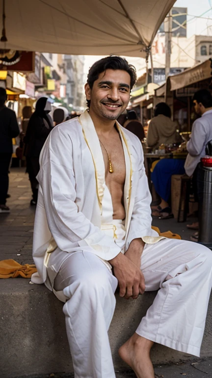 A sexy indian man wearing kurta, festival, beautiful background , nsfw, homoerotic , penis , handsome face, composed expression , detailed face