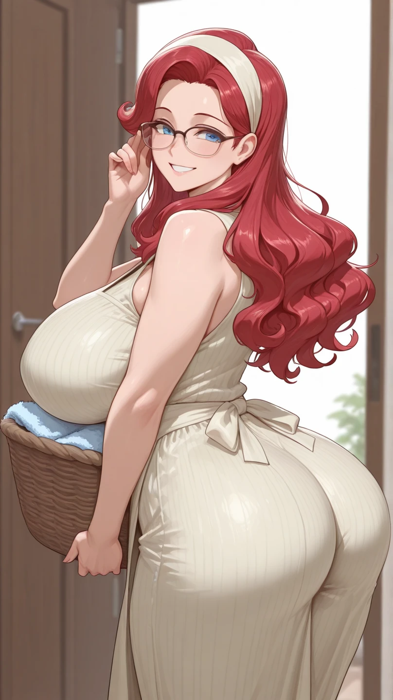 (masterpiece: 1.2), (best quality: 1.2) 1woman, mature, tall (1.85), She looked to be about 30 years old, she had long golden hair(gold), straight and shiny hair , golden eyes like sunlight, extremely detailed eyes, perfect eyes, extremely realistic eyes, well-aligned eyes, long eyelashes, anime style, perfect face, milf face, full lips, smiling, mature, fair skin, natural body, body sexy, milf body, perfect hands, detailed hands, hands well proportioned to the body, realistic hands, arms with good anatomy, she only wore an immaculate white dress that still couldn't hide her extremely large and huge breasts that were hanging down due to their size , thick thighs, wide hips, looking at the viewer, background scenery, scenery in a vegetable farm, vegetables in the background posing standing alone looking at the viewer,giantess,mega size,huge ass,ass focus