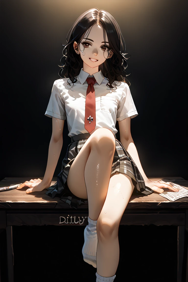 (((NSFW)))、((Masterpiece, Highest quality、Super detailed, Attention to detail))、Tabletop、girl、((high school girl、Black Hair、Short Hair、Slit eyes、Red Eyes、eight-headed body、Model-like style、Slender、School uniforms))、(White Shirt、Black Skirt、Black knee-high socks、Black Loafers)、Silver earringultiple silver accessories、Silver Ring、Silver Ring、Band Gal、(((Red electric guitar)))、(((live house、dark)))、((((Masturbating))))、((No bra、No underwear))、(((Sweating a lot、Sweat dripping、Sweat vapor)))、((Sweaty smell、Body odor、Clothes get wet))、((Love juice overflows from the vagina))、(((Spread your legs、Put your finger in your vagina)))、(((Straddling the guitar)))