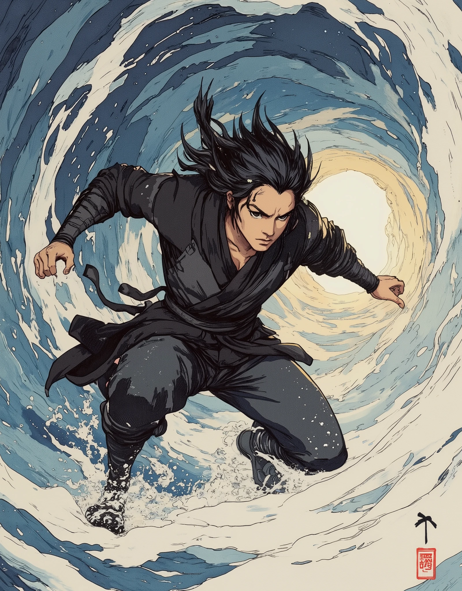 (masterpiece:1.2, Best Quality,high resolution,very detailed),8k,16K,wallpaper,(Walking in the wind),(Super Detail),( Ukiyo-e:1.6),Ninja runs through the wind tunnel,black hair,random hairstyle,( Wind Ninja ),(Black Costume),(Detailed Faces:1.3),(detailed body:1.3),(The background is Wind Tunnel:1.6),hair blown in the wind,(dynamic),(anime artwork),(motion blur),(detailed hands:1.6)