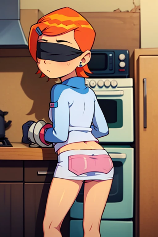 tennis girl's massive rear butt cheeks out of bottomless slutty mini sweater out bare and brown boots, kneeling, wearing oven mittens behind head, blindfold